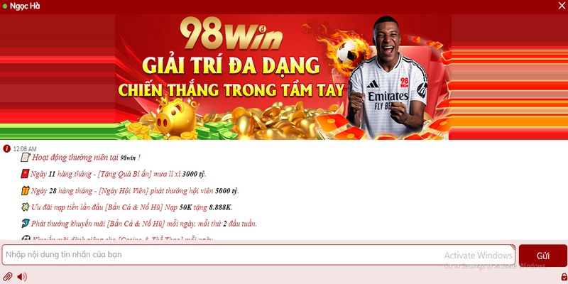 Chat trực tuyến 98win để được hỗ trợ